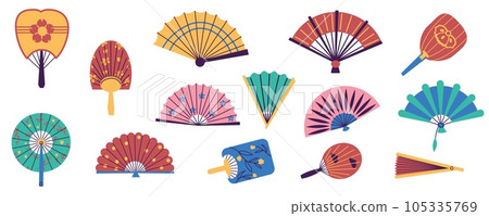 Paper hand fans. Traditional oriental folding fans, hand wind accessories flat style different color. Vector chinese japanese asian fans set Paper hand fans. Traditional oriental folding fans, hand wind accessories flat style different color. Vector chinese japanese asian fans set 105335769