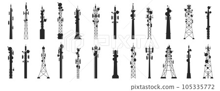 Radio mast silhouettes. Outline broadcast antenna towers, communication technology technology equipment. Vector set 105335772