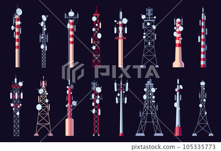 Communication tower. Telecom relay antenna with mobile phone signal, cell phone signal, internet connection, mobile broadband. Vector illustration Communication tower. Telecom relay antenna with mobile phone signal, cell phone signal, internet connection, mobile broadband. Vector illustration 105335773