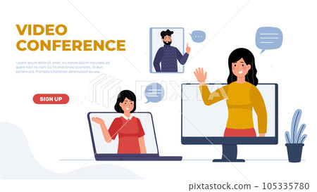 Video conference landing page. Different gadgets for online meetings. Woman and man waving from desktop computer 105335780