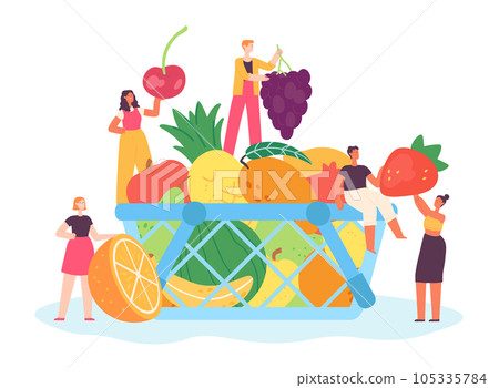 Tiny people with fruits and berries. Basket full of organic food as mango, watermelon, apple and pear Tiny people with fruits and berries. Basket full of organic food as mango, watermelon, apple and pear 105335784