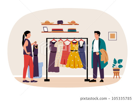 Shopping and buying concept. Woman choosing dress in store. Customer purchasing clothes in retail shop. Cartoon buyer 105335785