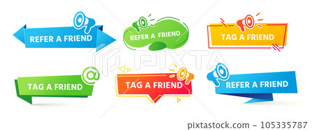 Referral program label, friends recommendation and social marketing tag friend banner. Sharing information in networking sites 105335787