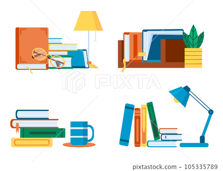 Reading literature, flat book stacks and piles for study. Table with textbooks and lamp, glasses or cup. Shelf book for education 105335789