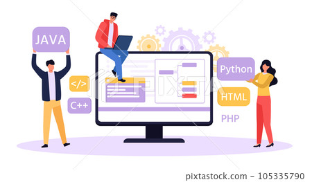 Programmer and designer developing website. Software developer writing python, java, html code. Man working on laptop 105335790