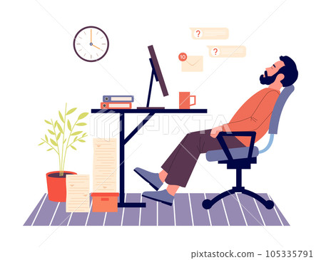 Procrastination concept. Male employee sitting at workplace and resting. Unproductive worker postpone tasks 105335791
