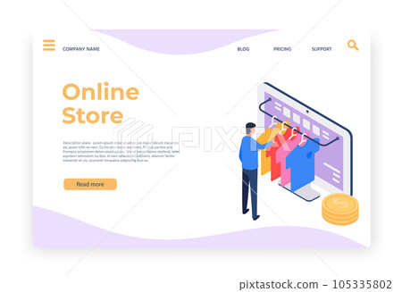 Isometric online shopping. Man choosing t-shirt in internet on desktop computer. Customer purchasing clothing in shop Isometric online shopping. Man choosing t-shirt in internet on desktop computer. Customer purchasing clothing in shop 105335802