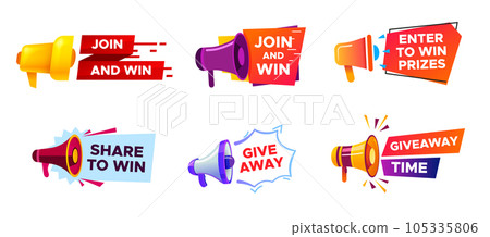 Giveaway banner with megaphone. Winning prize in contest, loudspeaker announcing competition, random winner Giveaway banner with megaphone. Winning prize in contest, loudspeaker announcing competition, random winner 105335806