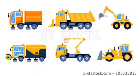 City street cleaning equipment. Modern street sweeper truck, industrial vehicle for road service. Urban machinery, snowplough City street cleaning equipment. Modern street sweeper truck, industrial vehicle for road service. Urban machinery, snowplough 105335815