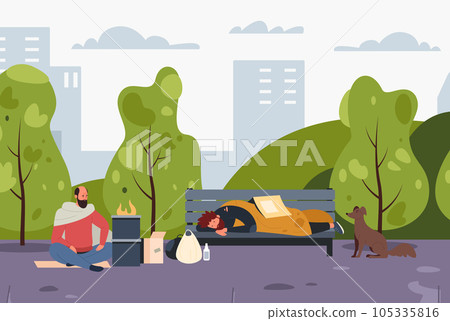 Charity for homeless. Cartoon humanitarian help and support for poor people, social charity and volunteer community concept Charity for homeless. Cartoon humanitarian help and support for poor people, social charity and volunteer community concept 105335816