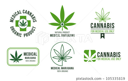 Cannabis label for medical use. Legal marijuana treatment, painkiller medication for illnesses. Organic green leaves 105335819
