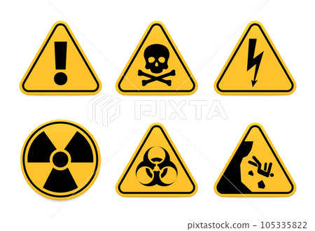 Attention, poison, high voltage, radiation, biohazard and falling warning signs Attention, poison, high voltage, radiation, biohazard and falling warning signs 105335822