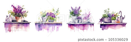 Watercolor illustration of houseplants in kitchen sink. Generative ai 105336029