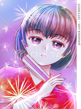 A girl in a kimono, a folding fan and fireworks 105336035