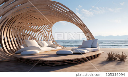 Summer vacation at poolside. Veranda decorated with deck chairs and umbrella with an ocean view. 105336094