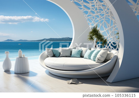 Summer vacation at poolside. Veranda decorated with deck chairs and umbrella with an ocean view 105336115