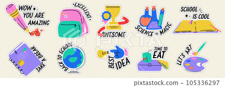 A set of modern back-to-school-themed stickers. Motivational phrases for the diary. Bright, contemporary illustration. Pack of trendy vectors 105336297