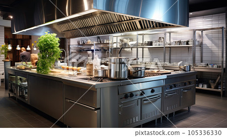 Empty restaurant kitchen with professional equipment Empty restaurant kitchen with professional equipment 105336330