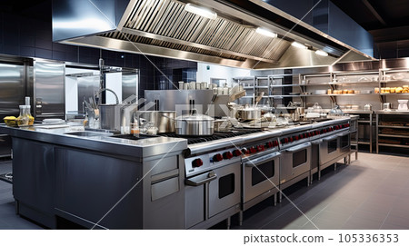 Empty restaurant kitchen with professional equipment 105336353