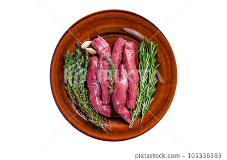Uncooked Raw lamb tenderloin Fillet Meat in rustic plate with thyme and rosemary. High quality Isolate, white background. Uncooked Raw lamb tenderloin Fillet Meat in rustic plate with thyme and rosemary. High quality Isolate, white background. 105336593