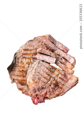 Grilled meat - Pork steaks from neck fillet meat in plate with pickled cucumbers. High quality Isolate, white background. 105336615