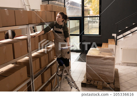 Storage room employee checking cardboard boxes barcode, standing on ladder in warehouse. Woman manager preparing orders for clients before start shipping packages in storehouse 105336616