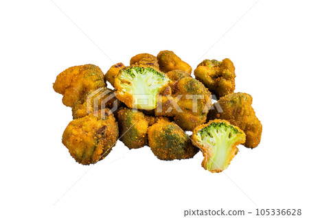 Fried Crumbed broccoli on kitchen table. High quality Isolate, white background. Fried Crumbed broccoli on kitchen table. High quality Isolate, white background. 105336628