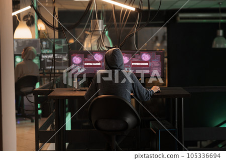 Cyberattack, criminal hacking computer program password, stealing data, sending virus, breaking into database server. Cybercrime, privacy information leak, internet criminal coding spyware, back view 105336694