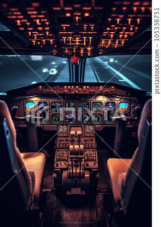 Cockpit pilot Flight Deck display. Throttle jet cabin with control panel plane 105336751