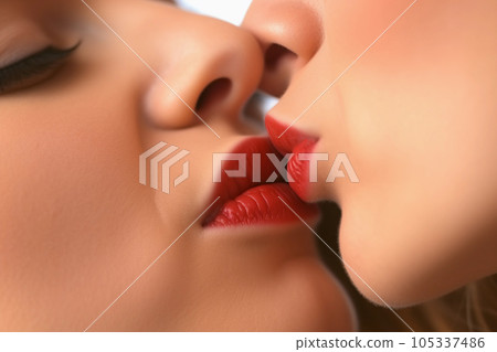 Intimate Lesbian Kiss: Close-Up of Two Women's Mouths. Generative Ai. 105337486