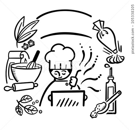 Material illustrations of chefs, ingredients, and tools Material illustrations of chefs, ingredients, and tools 105338105