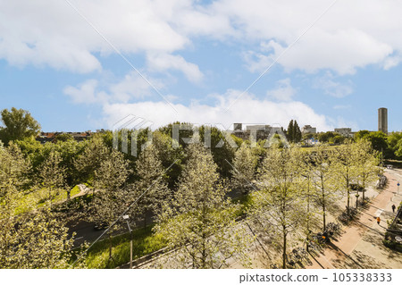 the city with trees, buildings and blue sky in the fore - image is taken from an aerial drone camera the city with trees, buildings and blue sky in the fore - image is taken from an aerial drone camera 105338333