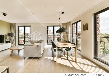 a living room with wood flooring and large windows looking out onto the cityscapearrons com 105338426