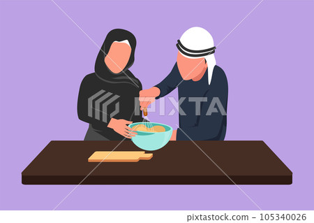 Character flat drawing romantic Arab couple knead cake dough using manual hand mixer. Enjoy kneading cake dough together at home. Happy man and woman cooking bread. Cartoon design vector illustration Character flat drawing romantic Arab couple knead cake dough using manual hand mixer. Enjoy kneading cake dough together at home. Happy man and woman cooking bread. Cartoon design vector illustration 105340026