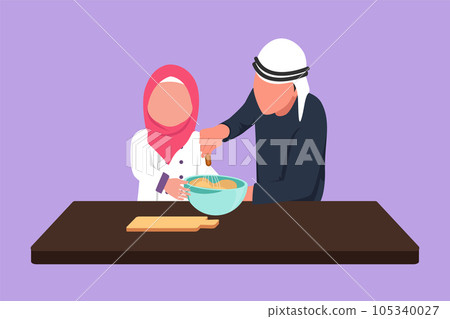 Cartoon flat style drawing Arab father and daughter knead cake dough using manual hand mixer. Dad and his little girl enjoying kneading cake dough together at home. Graphic design vector illustration Cartoon flat style drawing Arab father and daughter knead cake dough using manual hand mixer. Dad and his little girl enjoying kneading cake dough together at home. Graphic design vector illustration 105340027