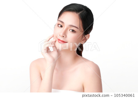 Beautiful young asian woman with clean fresh skin on white background, Face care, Facial treatment, Cosmetology, beauty and spa, Asian women portrait. Beautiful young asian woman with clean fresh skin on white background, Face care, Facial treatment, Cosmetology, beauty and spa, Asian women portrait. 105340061