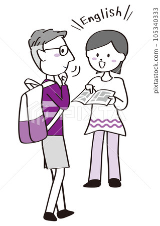 手繪插畫 一位女士給外國人指路 2種顏色 入境 105340333