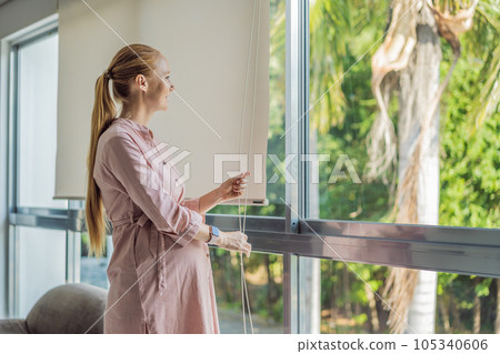 Portrait of young pregnant woman standing near window holding hands on her belly at modern home with copy space. Pregnancy, motherhood, expectation and tenderness concept Portrait of young pregnant woman standing near window holding hands on her belly at modern home with copy space. Pregnancy, motherhood, expectation and tenderness concept 105340606