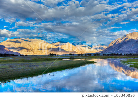 HDR (high dynamic range) image of Nubra river in Nubra valley in Himalayas, Hunder, Ladakh, India 105340856