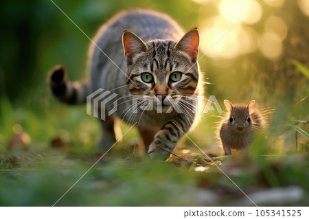 Intense Chase between Cat and Rat in Morning Forest 105341525
