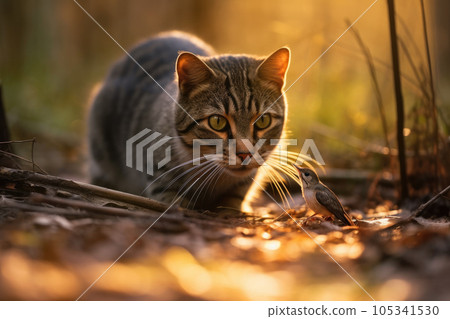 Intense Chase between Cat and Rat in Morning Forest 105341530