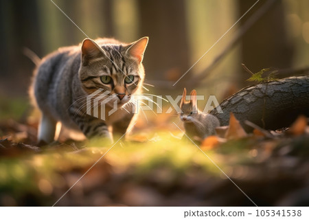 Intense Chase between Cat and Rat in Morning Forest Intense Chase between Cat and Rat in Morning Forest 105341538