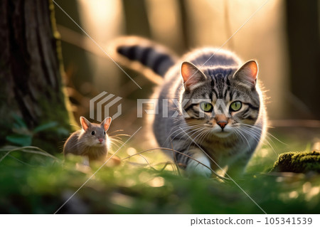 Intense Chase between Cat and Rat in Morning Forest Intense Chase between Cat and Rat in Morning Forest 105341539