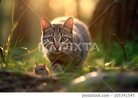 Intense Chase between Cat and Rat in Morning Forest 105341545