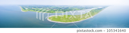 Aerial view of the mouth of the Ishikari River in Hokkaido (panorama) 105341640