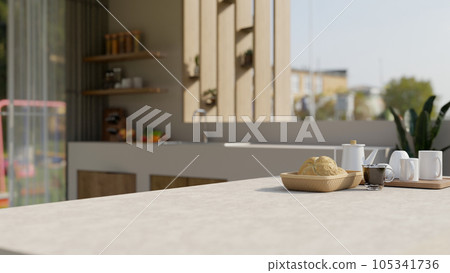 Close-up image of a copy space on a kitchen countertop with bread basket and coffee set 105341736