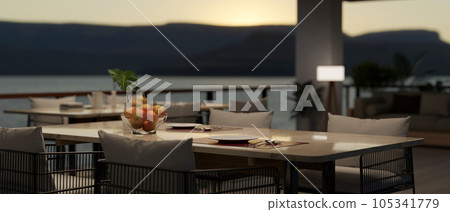 Modern contemporary dining room with modern dining table, open space, Mountain View. 105341779