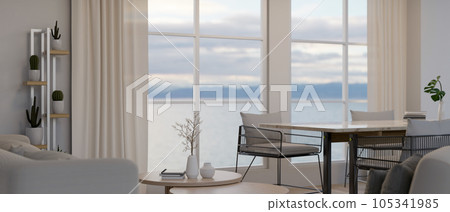 Interior design of a modern contemporary bright living room with comfortable sofa 105341985
