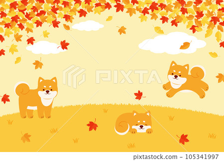 Background illustration of a Shiba Inu playing in the autumn forest Background illustration of a Shiba Inu playing in the autumn forest 105341997