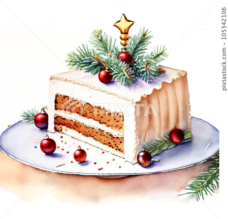 Christmas cake watercolor illustration Generative AI 105342106